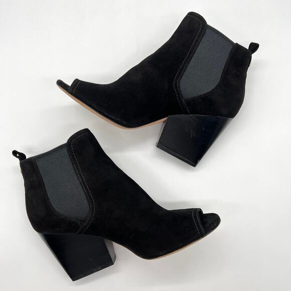 TORY BURCH Gemma Open Toe Ankle Booties Womens 8.5 Black Suede Stacked Heel 65mm - Picture 5 of 11